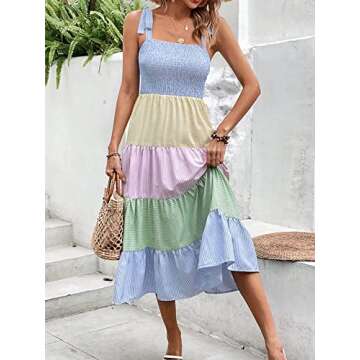 MakeMeChic Women's Summer Beach Boho Dress Casual Floral Spaghetti Strap Square Neck Long Maxi Sun Dresses Multi Striped S