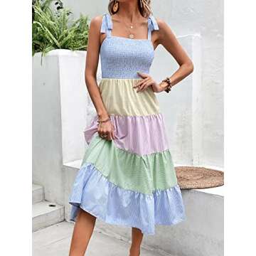 MakeMeChic Women's Summer Beach Boho Dress Casual Floral Spaghetti Strap Square Neck Long Maxi Sun Dresses Multi Striped S