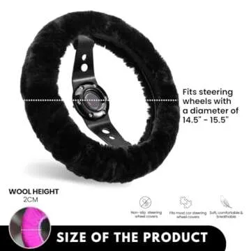 Andalus Brands Australian Sheepskin Steering Wheel Cover, Anti-Slip Universal 15 Inch Fuzzy Steering Wheel Cover Offers a Plush Velvet-Like Touch, Eco-Friendly Fluffy Steering Wheel Cover (Black)