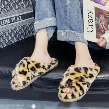 Crazy Lady Women's Fuzzy Fluffy House Slippers Cute Plush Memory Foam Shoes Cross Band Indoor Outdoor Open Toe Sandals(06/Coffee,Leopard 7-8)