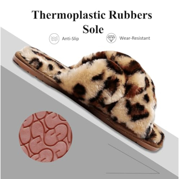 Crazy Lady Women's Fuzzy Fluffy House Slippers Cute Plush Memory Foam Shoes Cross Band Indoor Outdoor Open Toe Sandals(06/Coffee,Leopard 7-8)