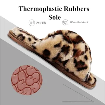 Crazy Lady Women's Fuzzy Fluffy House Slippers Cute Plush Memory Foam Shoes Cross Band Indoor Outdoor Open Toe Sandals(06/Coffee,Leopard 7-8)