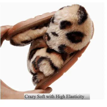Crazy Lady Women's Fuzzy Fluffy House Slippers Cute Plush Memory Foam Shoes Cross Band Indoor Outdoor Open Toe Sandals(06/Coffee,Leopard 7-8)