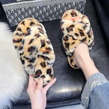 Crazy Lady Women's Fuzzy Fluffy House Slippers Cute Plush Memory Foam Shoes Cross Band Indoor Outdoor Open Toe Sandals(06/Coffee,Leopard 7-8)