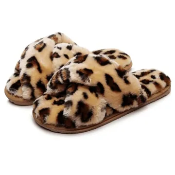 Crazy Lady Women's Fuzzy Fluffy House Slippers Cute Plush Memory Foam Shoes Cross Band Indoor Outdoor Open Toe Sandals(06/Coffee,Leopard 7-8)