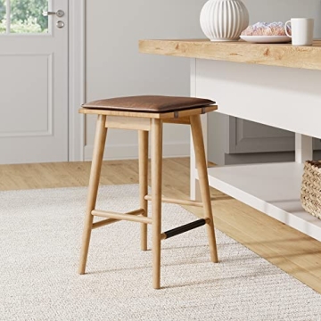 Nathan James Barker Classic Counter Height Wood Barstool with Leather Removable Cushion, Backless Is...