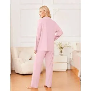 Ekouaer Womens Pajama Sets 2 Piece Long Sleeve Sleepwear Soft Button Down Pjs Lounge Set Pink S