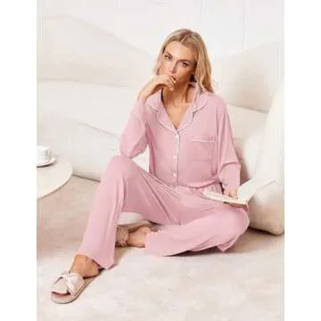 Ekouaer Womens Pajama Sets 2 Piece Long Sleeve Sleepwear Soft Button Down Pjs Lounge Set Pink S