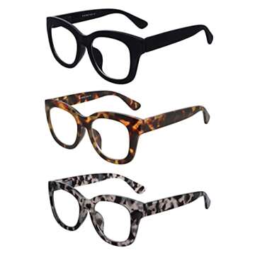AMOMOMA 3 Pack Retro Oversized Reading Glasses for Women Blue Light Blocking Computer Readers Spring hinge AM6003 with Black+Brown+Grey Tortoise Frame 0.00 x