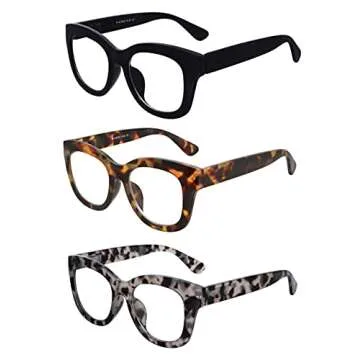 AMOMOMA 3 Pack Retro Oversized Reading Glasses for Women Blue Light Blocking Computer Readers Spring hinge AM6003 with Black+Brown+Grey Tortoise Frame 0.00 x