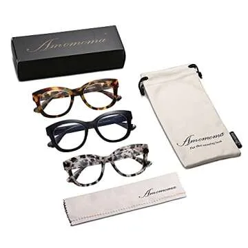 AMOMOMA 3 Pack Retro Oversized Reading Glasses for Women Blue Light Blocking Computer Readers Spring hinge AM6003 with Black+Brown+Grey Tortoise Frame 0.00 x