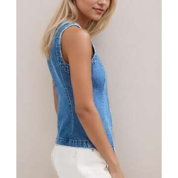 D-Sun Women Denim Vest Sleeveless Crewneck Button Down Jean Waistcoat Casual Front Slit Slim Denim Tank Top