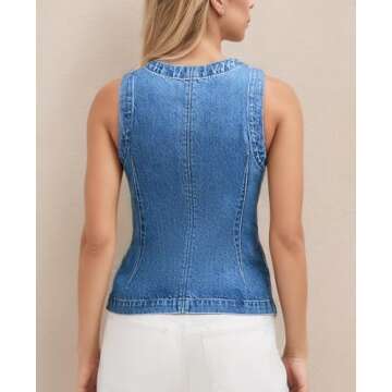 D-Sun Women Denim Vest Sleeveless Crewneck Button Down Jean Waistcoat Casual Front Slit Slim Denim Tank Top