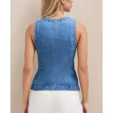 D-Sun Women Denim Vest Sleeveless Crewneck Button Down Jean Waistcoat Casual Front Slit Slim Denim Tank Top