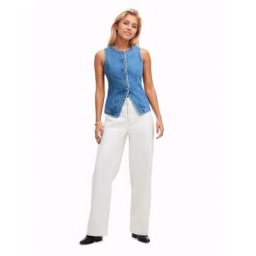 D-Sun Women Denim Vest Sleeveless Crewneck Button Down Jean Waistcoat Casual Front Slit Slim Denim Tank Top