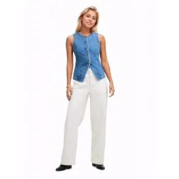 D-Sun Women Denim Vest Sleeveless Crewneck Button Down Jean Waistcoat Casual Front Slit Slim Denim Tank Top