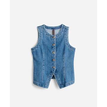 D-Sun Women Denim Vest Sleeveless Crewneck Button Down Jean Waistcoat Casual Front Slit Slim Denim Tank Top