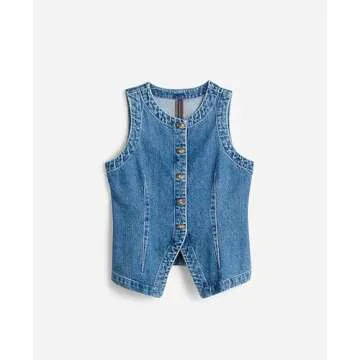 D-Sun Women Denim Vest Sleeveless Crewneck Button Down Jean Waistcoat Casual Front Slit Slim Denim Tank Top