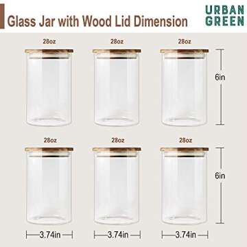 Urban Green Glass Jars with Airtight Lids, Airtight Glass Canisters with Wood Lids, Glass Storage Containers with Bamboo Lid, Food Storage Containers, Glass Canister Sets (6 Pack of 27oz)