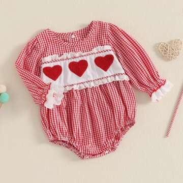 Xiaodriceee Valentine Baby Girl Outfit Heart Embroidery Newborn Long Sleeve Romper Bodysuit Headband Smocked Clothes (Pink, 0-3 Months)