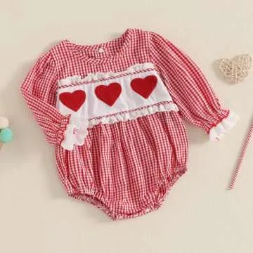 Xiaodriceee Valentine Baby Girl Outfit Heart Embroidery Newborn Long Sleeve Romper Bodysuit Headband Smocked Clothes (Pink, 0-3 Months)