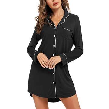 Samring Long Sleeve Nightgowns for Women, Women's Button Down Sleepwear Classical Sleep Shirt Dress Black XL