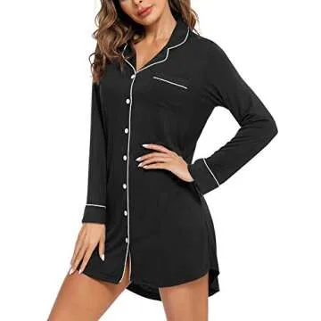 Samring Long Sleeve Nightgowns for Women, Women's Button Down Sleepwear Classical Sleep Shirt Dress Black XL