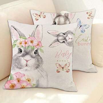 KAKABUQU Easter Bunny Pillow Cover 18 x 18inch Set of 2 Cute Rabbit Bunny Easter Decor Linen Throw P...