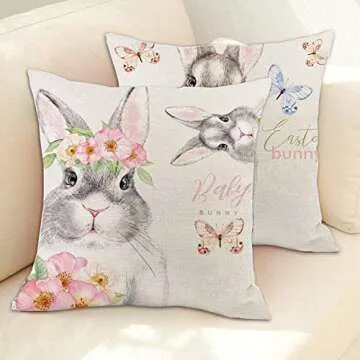 KAKABUQU Easter Bunny Pillow Cover 18 x 18inch Set of 2 Cute Rabbit Bunny Easter Decor Linen Throw P...