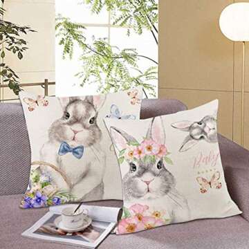 KAKABUQU Easter Bunny Pillow Cover 18 x 18inch Set of 2 Cute Rabbit Bunny Easter Decor Linen Throw Pillow Case Cushion Cover Spring Season's Decorations for Home Sofa Bed
