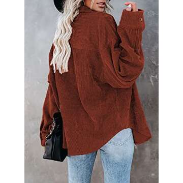Dokotoo Womens Ladies Fall Fashion V Neck Long Sleeve Button Down Corduroy Shirts Casual Loose Solid Jacket Tops for Women Outwear Shacket with Pockets Red XL
