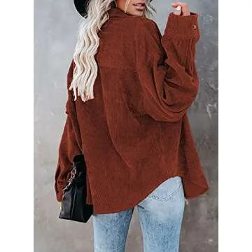 Dokotoo Womens Ladies Fall Fashion V Neck Long Sleeve Button Down Corduroy Shirts Casual Loose Solid Jacket Tops for Women Outwear Shacket with Pockets Red XL