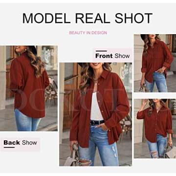 Dokotoo Womens Ladies Fall Fashion V Neck Long Sleeve Button Down Corduroy Shirts Casual Loose Solid Jacket Tops for Women Outwear Shacket with Pockets Red XL