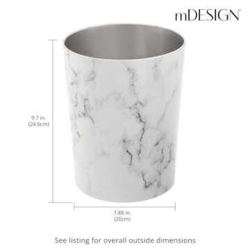 mDesign Round Metal Small 1.7 Gallon Recycle Trash Can Wastebasket, Garbage Container Bin for Bathrooms, Kitchen, Bedroom, Home Office - Durable Stainless Steel - Mirri Collection - White Marble