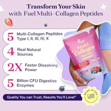 Fuel Multi Collagen Protein - Multi Collagen Peptides Powder for Women with Hyaluronic Acid & Biotin, Collagen Packets Promote Skin, Hair & Nail Health, Hydrolyzed Collagen Peptides Powder,Mixed Berry
