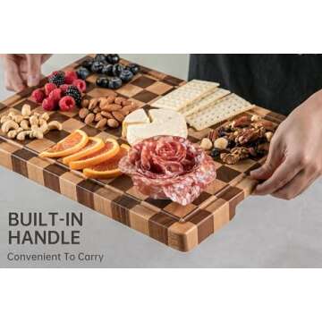 THETCHRY End Grain Cutting Boards for Kitchen, Wooden Cutting board, Acacia Wood Chopping Board with Juice Groove & Handle, Butcher Block for Meat, Bread & Fruit, 14"L x 11"W x 0.8"Th