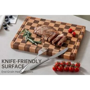 THETCHRY End Grain Cutting Boards for Kitchen, Wooden Cutting board, Acacia Wood Chopping Board with Juice Groove & Handle, Butcher Block for Meat, Bread & Fruit, 14"L x 11"W x 0.8"Th