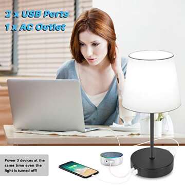 Touch Control Bedside Table Lamp Set of 2, Dual[ USB Charging Ports], 3 Way Dimmable Nightstand Lamp, 5000K Daylight White, TC Cloth Fabric Shade Modern Desk Reading Lamp for Bedroom Living Room