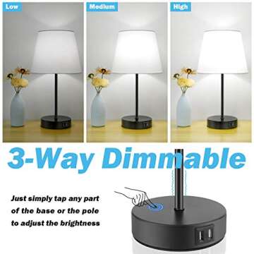 Touch Control Bedside Table Lamp Set of 2, Dual[ USB Charging Ports], 3 Way Dimmable Nightstand Lamp, 5000K Daylight White, TC Cloth Fabric Shade Modern Desk Reading Lamp for Bedroom Living Room