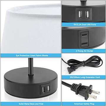 Touch Control Bedside Table Lamp Set of 2, Dual[ USB Charging Ports], 3 Way Dimmable Nightstand Lamp, 5000K Daylight White, TC Cloth Fabric Shade Modern Desk Reading Lamp for Bedroom Living Room