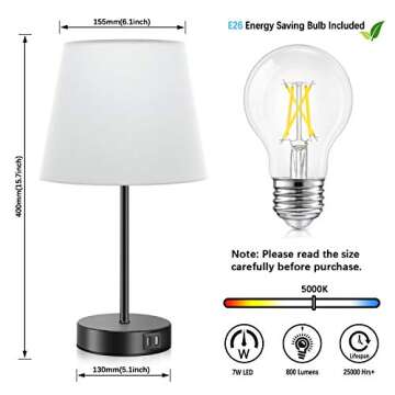 Touch Control Bedside Table Lamp Set of 2, Dual[ USB Charging Ports], 3 Way Dimmable Nightstand Lamp, 5000K Daylight White, TC Cloth Fabric Shade Modern Desk Reading Lamp for Bedroom Living Room