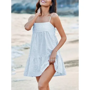 LPCBDEE Womens Plaid A-line Dresses Shoulder Straps Ruffle Hem Casual Mini Dress with Side Pocket Sky Blue