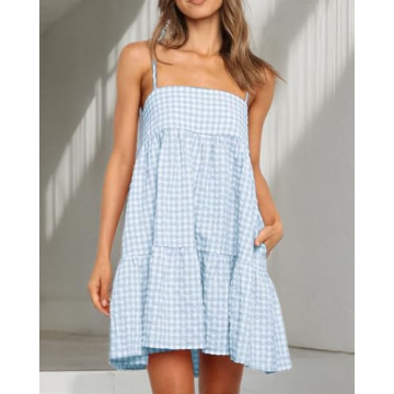 LPCBDEE Womens Plaid A-line Dresses Shoulder Straps Ruffle Hem Casual Mini Dress with Side Pocket Sky Blue