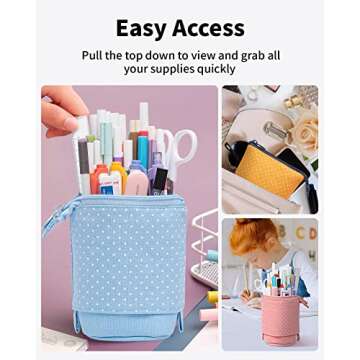 Sooez Pop Up Pencil Case, Cute Stand Up Pencil Case, Durable Pen Pouch, Telescopic Pencil Holder Case, Kawaii Standing Pencil Case, Spacious Pencil Pouch Portable Pencil Bag for School Office (Blue)
