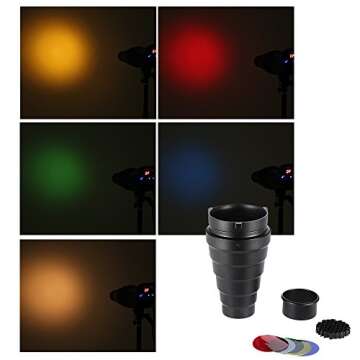 Andoer Photographic Lighting Monolights Bowens Mount Snoot Optical Snoot Metal Conical Snoot with Honeycomb Grid 5pcs Color Filter Kit for Bowens Mount Studio Strobe Monolight Photography Flash