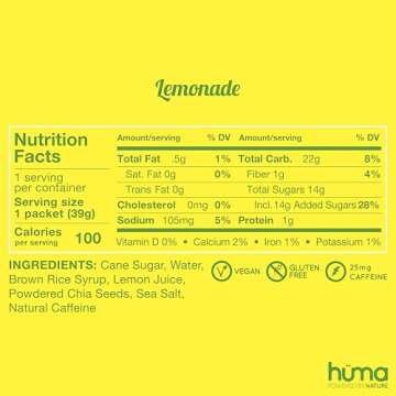 Huma Chia Energy Gel, Lemonade, 12 Gels, 1x Caffeine - Premier Sports Nutrition for Endurance Exerci...