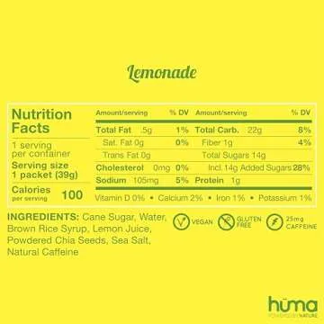Huma Chia Energy Gel, Lemonade, 12 Gels, 1x Caffeine - Premier Sports Nutrition for Endurance Exerci...