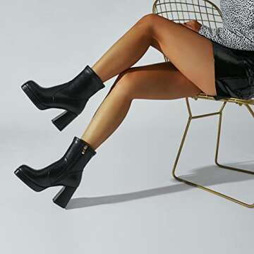 Agodor Women's Square Toe Block Heel Boots Chunky High Heel Side Zipper Ankle Boots (US7, black)