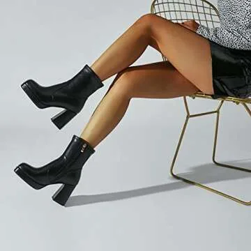 Agodor Women's Square Toe Block Heel Boots Chunky High Heel Side Zipper Ankle Boots (US7, black)