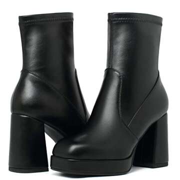 Agodor Women's Square Toe Block Heel Boots Chunky High Heel Side Zipper Ankle Boots (US7, black)